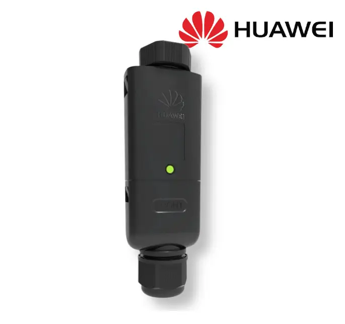 Schwarzer HUAWEI Smart Dongle mit grüner LED-Anzeige und Anschlussverschluss. Das Gerät hat ein kompaktes Design und ist für drahtlose Verbindung gedacht.