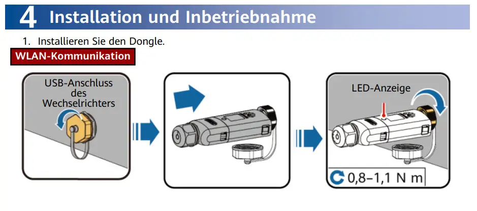 HUAWEI Dongle zur WLAN-Kommunikation, verbunden mit einem Wechselrichter über USB-Anschluss. LED-Anzeige mit Anzugdrehmoment von 0,8–1,1 Nm.