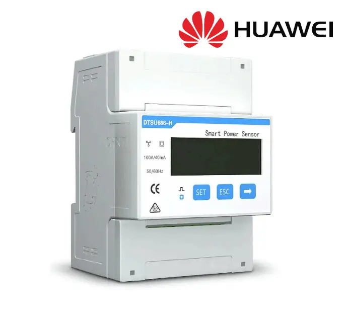 Smart Power Sensor in weißer Bauform von HUAWEI mit digitalem Display und Bedienelementen, montierbar in einem Schaltsystem, für die Strommessung geeignet.