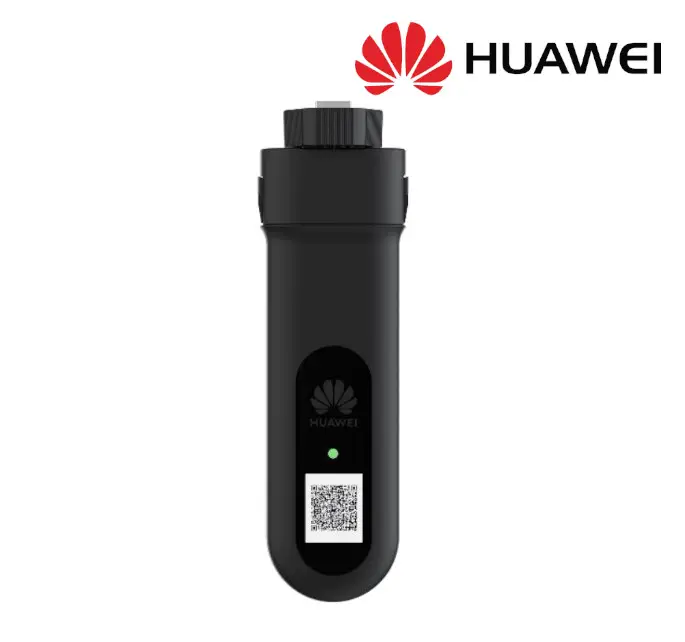 Schwarzer HUAWEI Dongle mit einem QR-Code und einer grünen Statusanzeige auf der Vorderseite. Der obere Bereich ist mit einem drehbaren Anschluss ausgestattet.