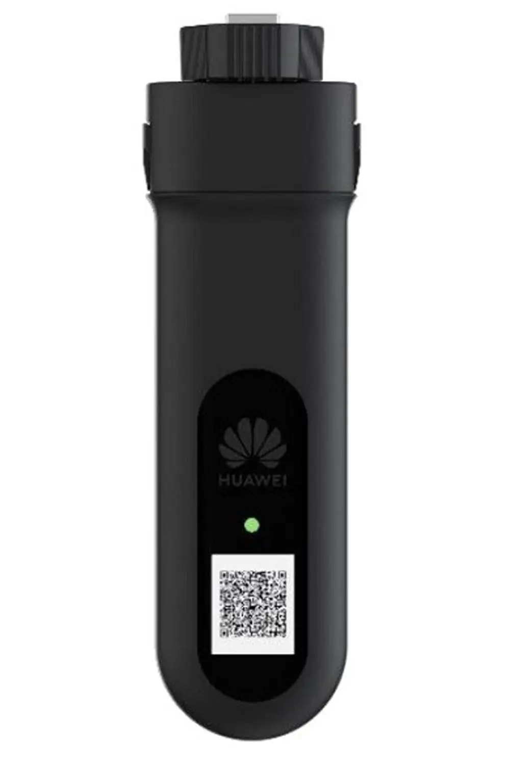 Schwarzer HUAWEI Dongle mit runder Oberseite und unterem QR-Code, ausgestattet mit einer grünen LED-Anzeige.