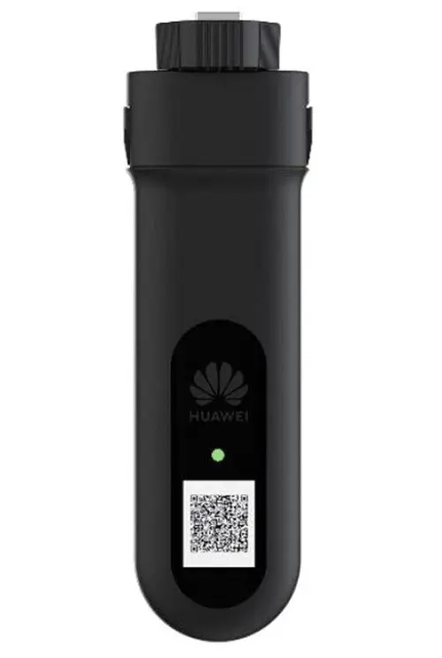 Schwarzer HUAWEI Dongle mit runder Oberseite und unterem QR-Code, ausgestattet mit einer grünen LED-Anzeige.