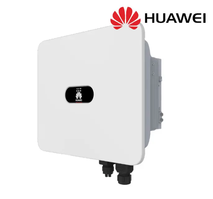 Weißer Huawei Hybrid-Wechselrichter mit einer glatten Oberfläche und einem zentralen Logo. Anschlüsse auf der Unterseite für elektrische Verbindungen sichtbar.