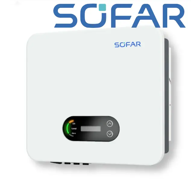 Weißer Wechselrichter von SOFAR solar mit einem digitalen Display und Steuerungselementen zur Anzeige von Betriebszuständen.