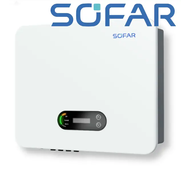 SOFAR solar Wechselrichter in weißer Gehäusefarbe mit einem digitalen Display sowie Bedienknöpfen an der Vorderseite.