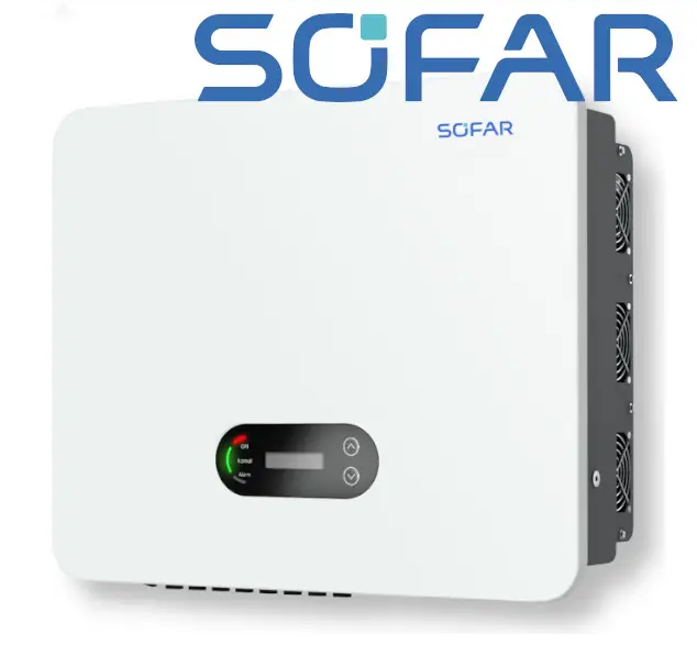 Weißer Wechselrichter von SOFAR solar mit digitalem Display und Bedienelementen, montierbar an Wänden, zur Energieumwandlung in Solaranlagen.