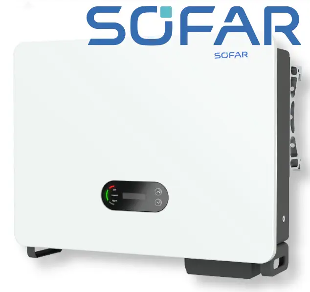 Weißer Wechselrichter von SOFAR solar mit digitalem Display und Steuerungsbuttons. Das Gerät ist für die Wandmontage konzipiert und hat an der Rückseite Anschlüsse.