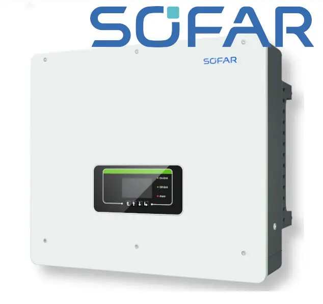 Hybrid-Wechselrichter von SOFAR solar in einem kompakten Gehäuse. Die Front zeigt ein Display mit Bedienknöpfen und Statusanzeigen.