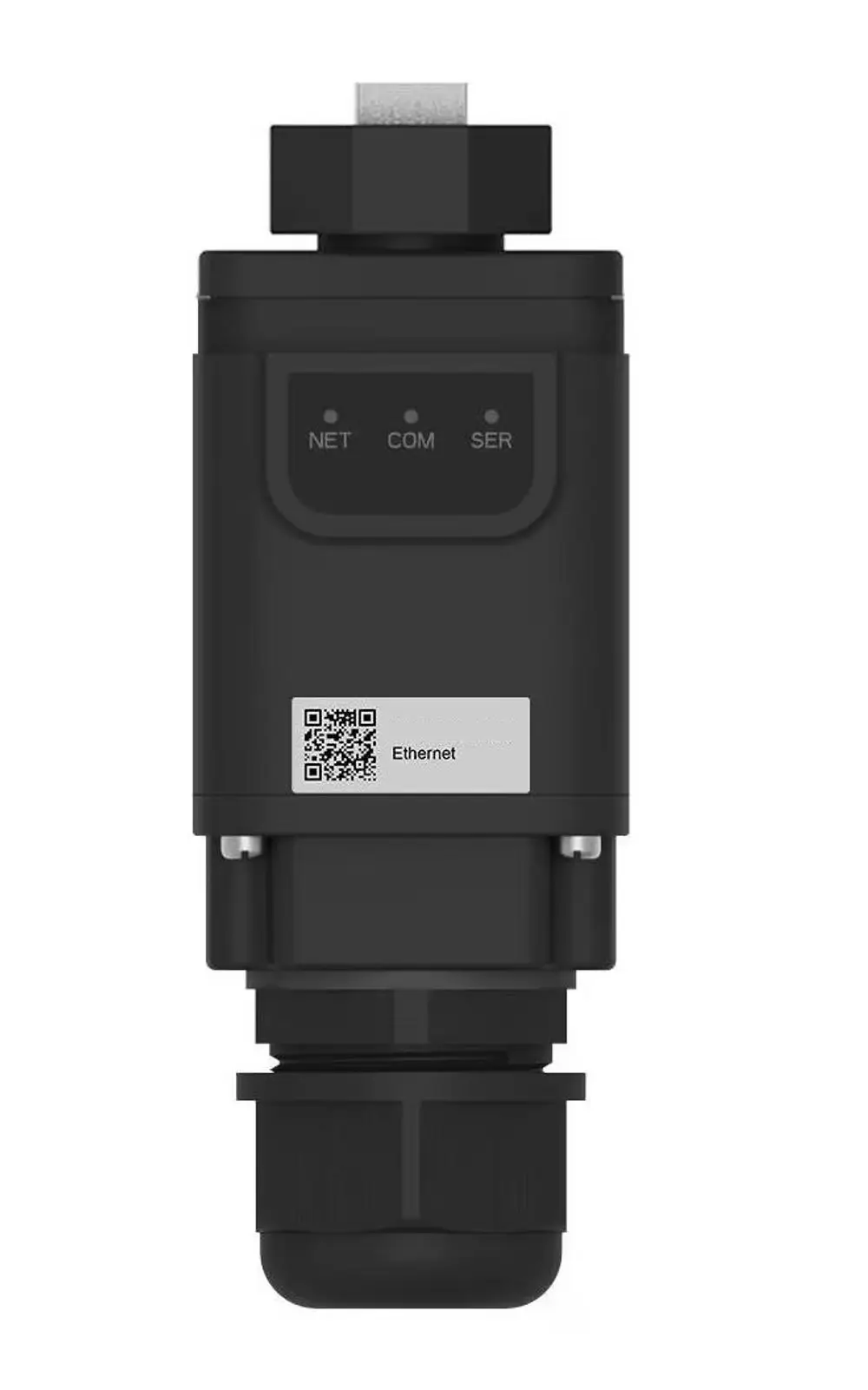 Schwarzer Ethernet-Adapter mit drei Statusanzeigen (NET, COM, SER) und einem QR-Code. Produkt von SOFAR solar.
