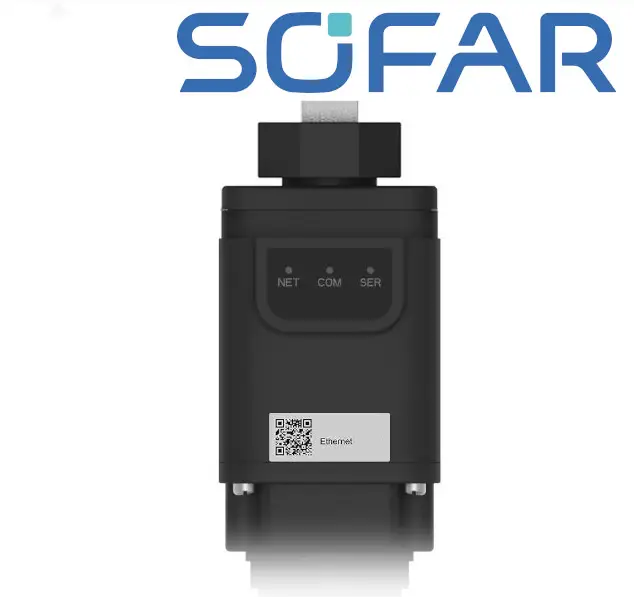 Schwarzer Ethernet-Adapter mit drei Statusanzeigen für NET, COM und SER, sowie einem QR-Code. Logo der Marke SOFAR solar im oberen Bereich.