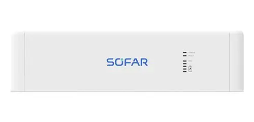 Weißes Gerät mit dem Logo "SOFAR" und mehreren Statusanzeigen auf der Vorderseite. Es handelt sich um eine Steuerungseinheit für ein Solarenergiesystem.