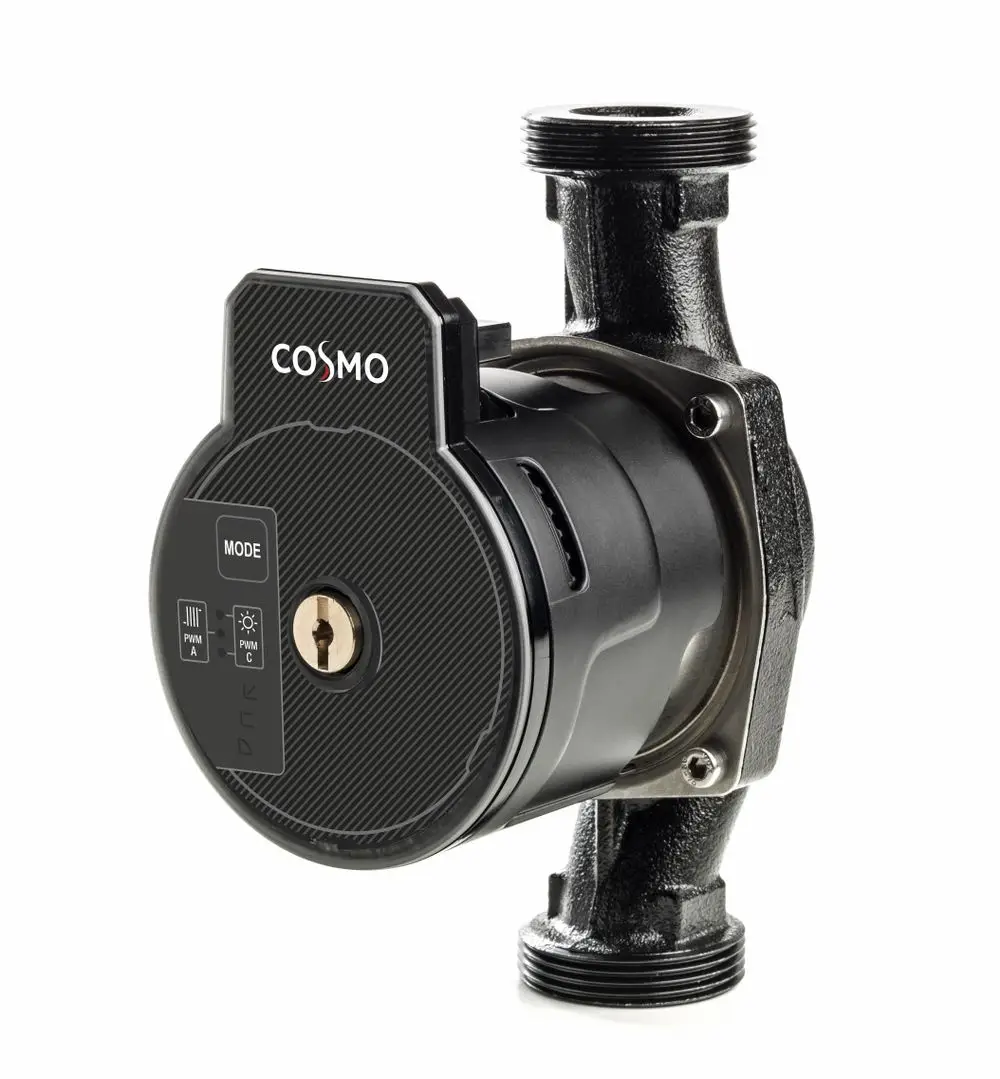 Hybridpumpe mit PWM-Funktion für Heizungsanwendungen. Kompaktes Design mit Anschlussmöglichkeiten für verschiedene Systeme. Eingebaute Steuerung zur Regelung des Betriebs.