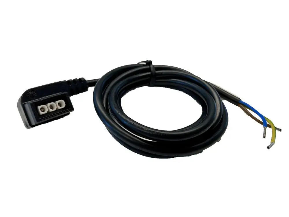 Netzanschlusskabel mit Winkelstecker und drei freiliegenden Drähten. Eignet sich für Anwendungen in Heizungen und ähnlichen Geräten. Länge ca. 1,5 m.