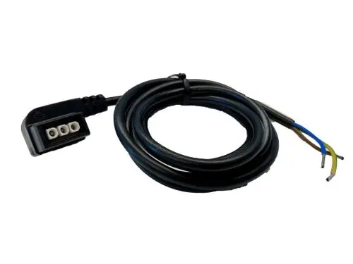 Netzanschlusskabel mit Winkelstecker und drei freiliegenden Drähten. Eignet sich für Anwendungen in Heizungen und ähnlichen Geräten. Länge ca. 1,5 m.
