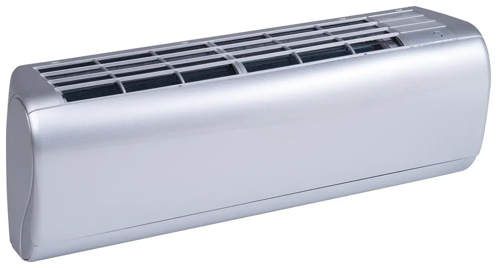 Inneneinheit eines Klimageräts in glänzendem Silber von Viessmann, mit luftführenden Lamellen und einem schlichten, modernen Design.