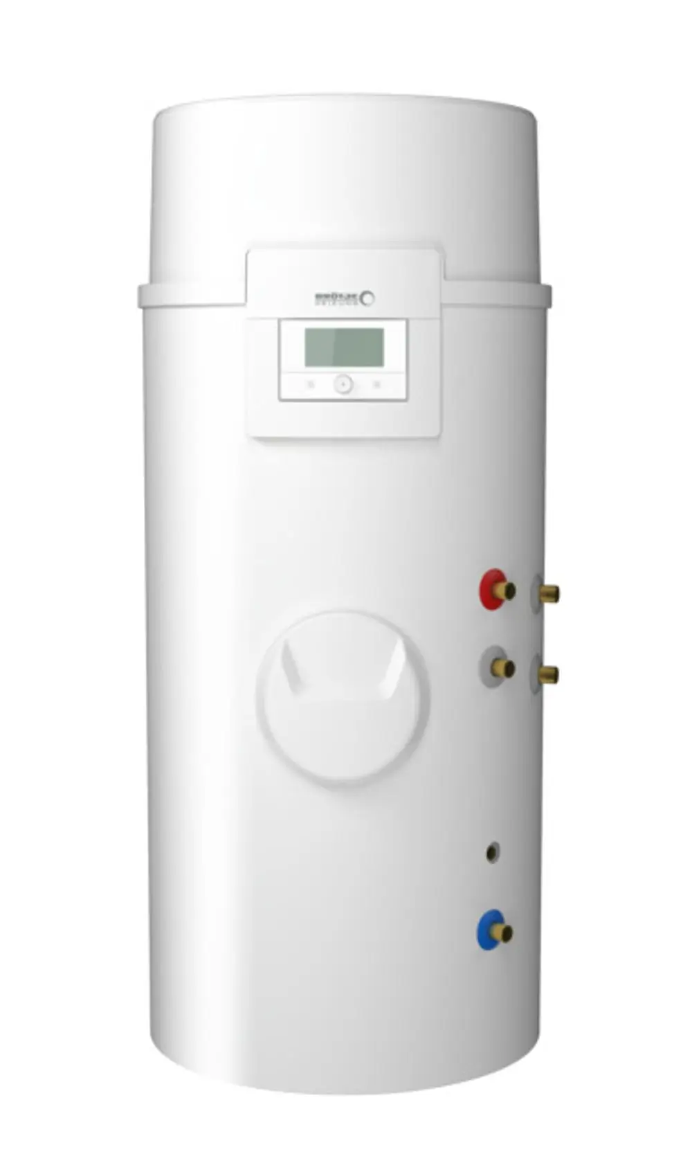 Weiße Wärmepumpe von Brötje mit digitalem Display und mehreren Anschlüssen für Warmwasser. Die Konstruktion ist zylinderförmig und für die Wandmontage geeignet.