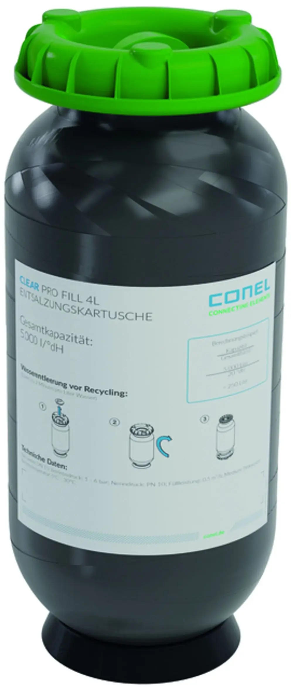 Dunkle Kunststoffkartusche mit grünem Deckel, auf dem Etikett technische Daten und Recyclinghinweise. Marke: Conel.