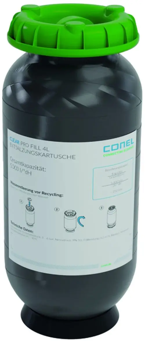 Dunkle Kunststoffkartusche mit grünem Deckel, auf dem Etikett technische Daten und Recyclinghinweise. Marke: Conel.