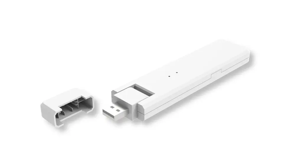 Weißer USB-Gateway von hoymiles, teilweise geöffnet, zeigt Schnittstelle und Abdeckung. Gerät zur Datenübertragung oder Kommunikation in einem kompakten Format.