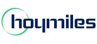 Logo der Marke Hoymiles in blauer Schrift mit einem grünen Halbkreis, das den Firmennamen umrahmt. Der Schriftzug erscheint modern und klar strukturiert.