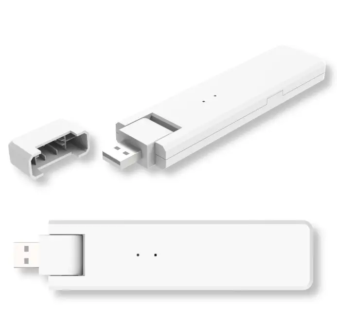 Produktbild: Hoymiles DTU-Lite-S Gateway für HMS/HMT, DTU-LITE-S. Weißes, längliches Gerät mit USB-Anschluss und abnehmbarer Kappe. Zwei Ansichten des Geräts: offen und geschlossen.
