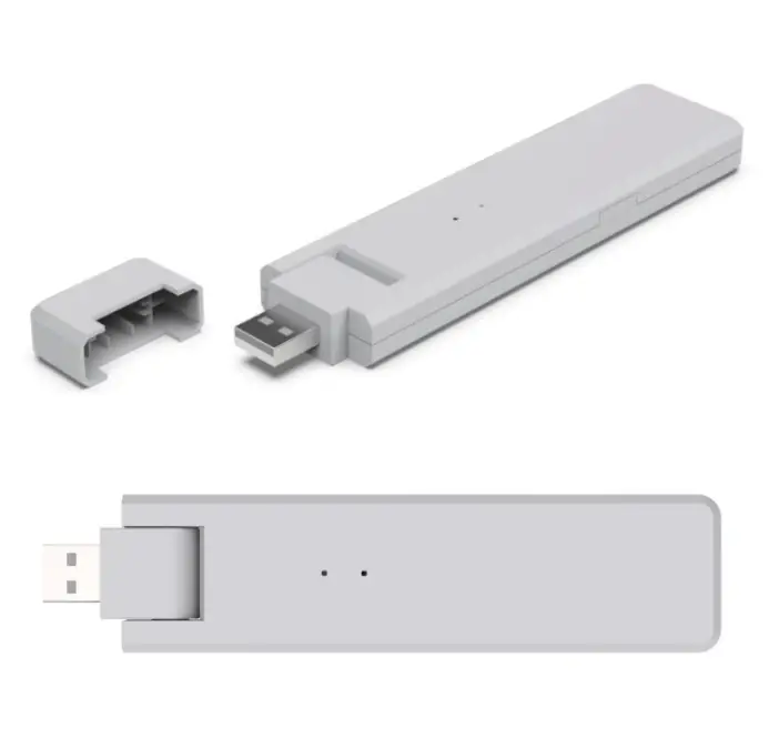 USB-Gerät in grauer Farbe, mit abnehmbarem Deckel. Eignet sich zur Verwendung mit Produkten von hoymiles. Auf der Rückseite sind zwei kleine Löcher zu sehen.