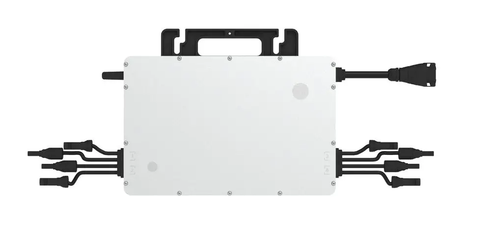Mikrowechselrichter mit mehreren Anschlusskabeln, ausgestattet mit einem Tragegriff. Produkt von Hoymiles, geeignet für die Verbindung zu Solarmodulen.