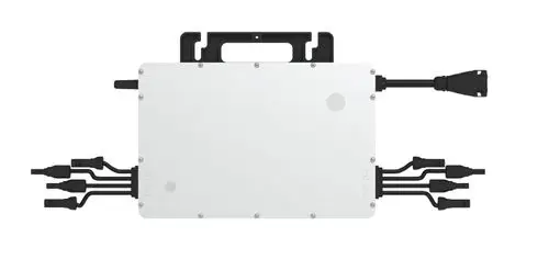 Mikrowechselrichter mit mehreren Anschlusskabeln, ausgestattet mit einem Tragegriff. Produkt von Hoymiles, geeignet für die Verbindung zu Solarmodulen.