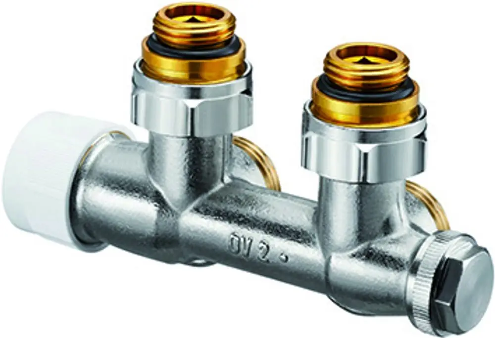 Anschlussarmatur aus Metall mit zwei seitlichen Anschlüssen und einer mittleren Verbindung, hergestellt von Oventrop. Geeignet für Heizungs- oder Sanitärinstallationen.
