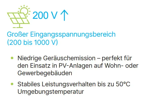 Solarenergiegerät von Delta mit großem Eingangsspannungsbereich (200 bis 1000 V), niedriger Geräuschentwicklung und stabilem Leistungsvermögen bis 50°C Umgebungstemperatur.