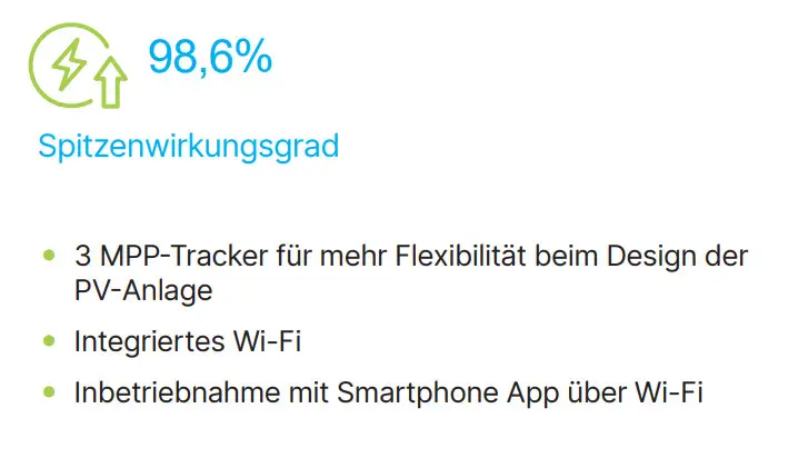 Infografik zu einem Delta-Produkt mit einem Spitzenwirkungsgrad von 98,6%, drei MPP-Trackern, integriertem Wi-Fi und einer Smartphone-App für die Inbetriebnahme über Wi-Fi.