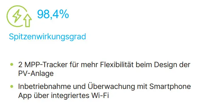 Delta-Wechselrichter mit einem Spitzenwirkungsgrad von 98,4%, zwei MPP-Trackern für flexible PV-Anlagengestaltung und integriertem Wi-Fi zur Überwachung über Smartphone-App.