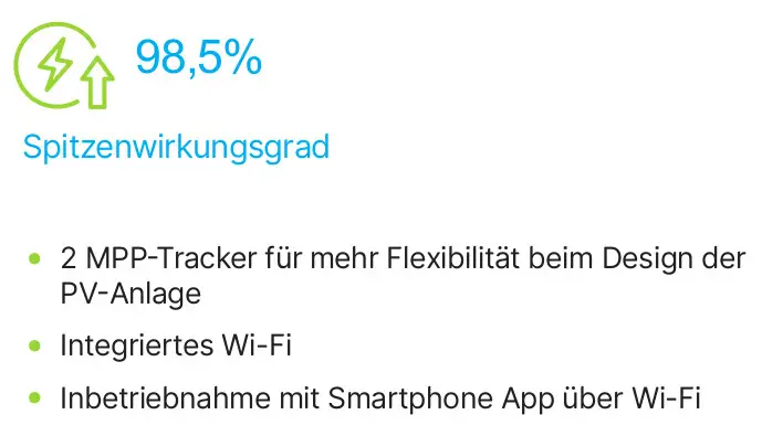 Delta Wechselrichter mit 98,5% Spitzenwirkungsgrad, 2 MPP-Tracker für flexibles Design der PV-Anlage und integriertem Wi-Fi zur Inbetriebnahme über Smartphone App.