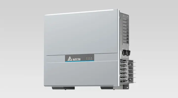 Grauer inverter von Delta mit mehreren Kühlrippen und Bedienelementen, geeignet für die Installation in Energieanlagen.