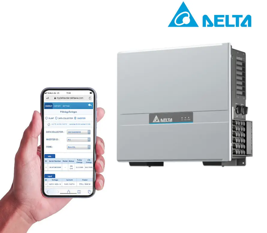 Delta-Gerät mit angezeigt mobilem Interface für die Überwachung eines Solarenergiesystems. Links Hand mit Smartphone, rechts das Gerät mit sichtbaren Bedienelementen.