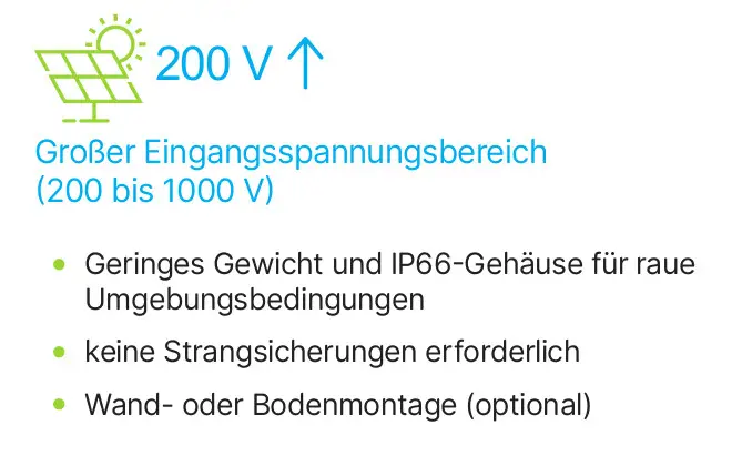 Delta-Gerät mit Informationen zu Eingangsbereich von 200 bis 1000 V, geringem Gewicht, IP66-Gehäuse, ohne Strangsicherungen, optionale Wand- oder Bodenmontage.