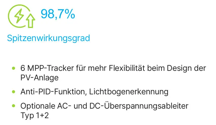 Delta Wechselrichter mit 98,7 % Spitzenwirkungsgrad, ausgestattet mit 6 MPP-Trackern, Anti-PID-Funktion und optionalen Überspannungsschutz Typ 1+2.