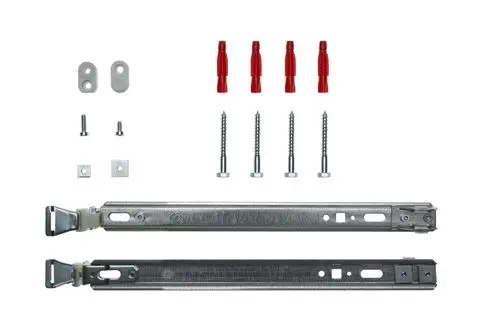 Brötje Wandkonsolen-Set mit zwei Metallschienen, Schrauben, Dübel und Unterlegscheiben, angeordnet auf heller Fläche.