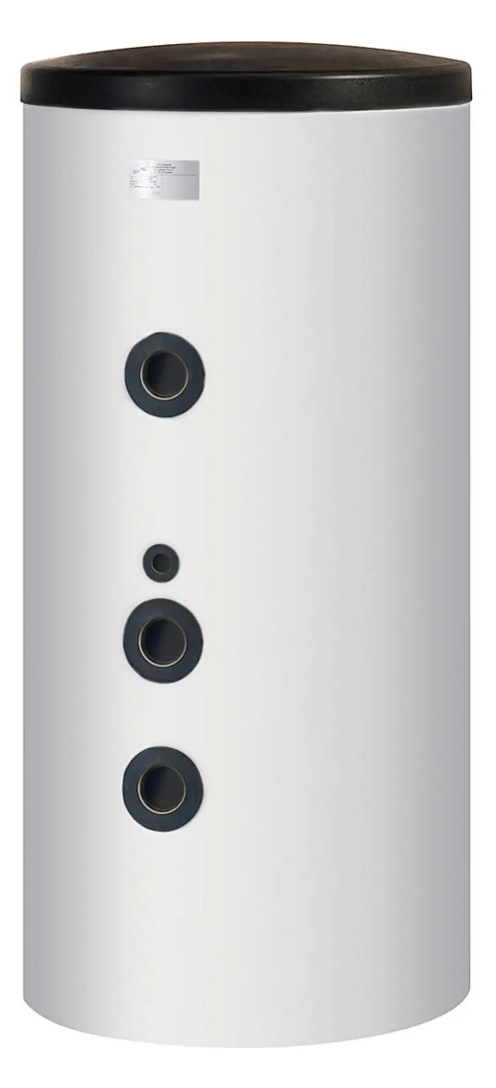 Stand-Pufferspeicher von Dimplex in weißer Ausführung. Zylindrische Form mit mehreren Anschlüssen in unterschiedlichen Durchmessern. Design eignet sich für Heizungsanlagen.