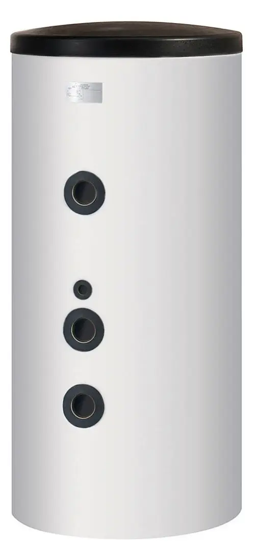 Stand-Pufferspeicher von Dimplex in weißer Ausführung. Zylindrische Form mit mehreren Anschlüssen in unterschiedlichen Durchmessern. Design eignet sich für Heizungsanlagen.