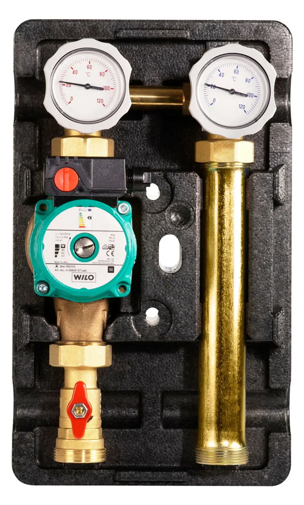 Warmwassermodul mit Druck- und Temperaturanzeigen, einem integrierten Pumpensystem von Wilo, montiert auf einer Trägerplatte. Ideal für Heizungs- und Warmwasseranwendungen.