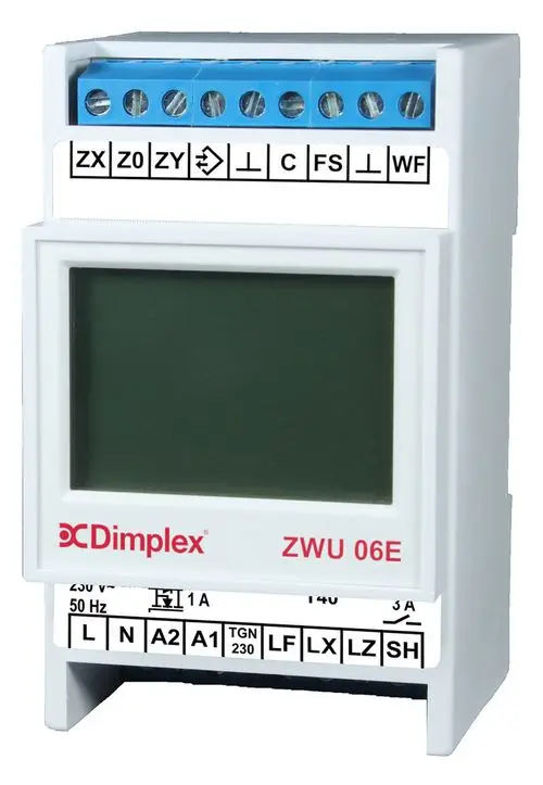Zweireihiges Steuergerät von Dimplex mit einem digitalen Display und verschiedenen Anschlussklemmen an der Oberseite für die elektrische Steuerung.