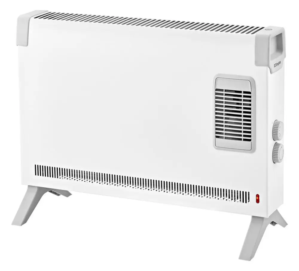 Weißer Dimplex Standkonvektor mit zwei Drehknöpfen zur Temperatureinstellung und einer Lüfteröffnung auf der Seite, montiert auf stabilen Füßen.