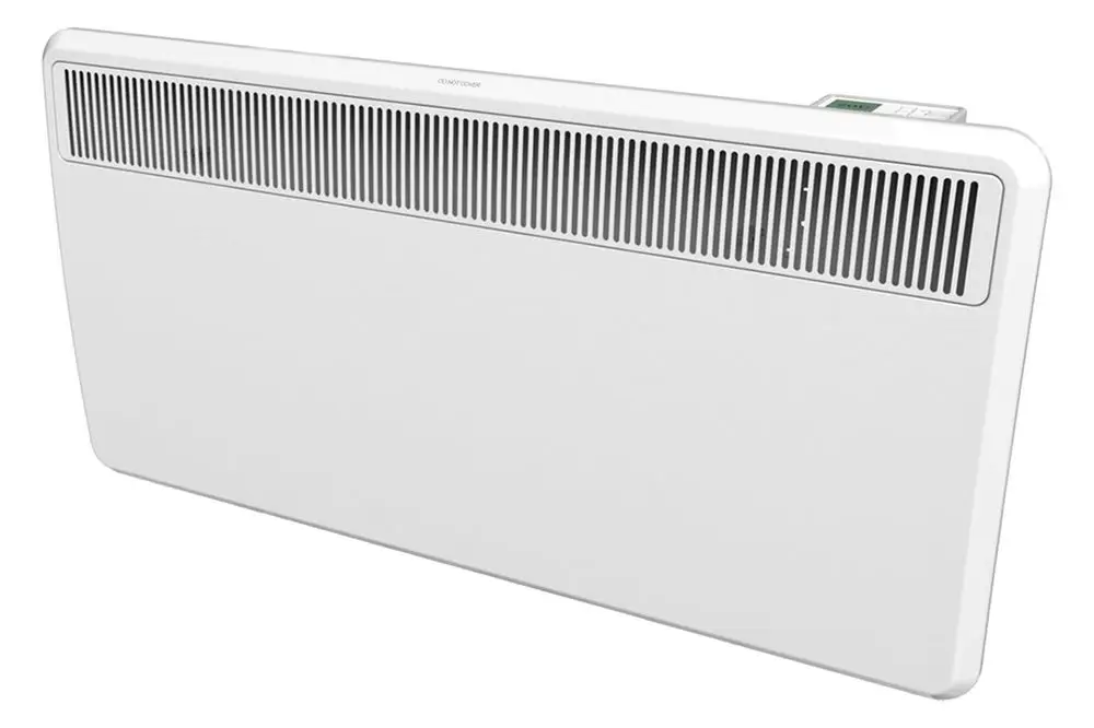 Wandkonvektor in schlichter weißer Ausführung, mit einer gerillten Oberseite, von Dimplex, montiert an einer Wand in Innenraum.