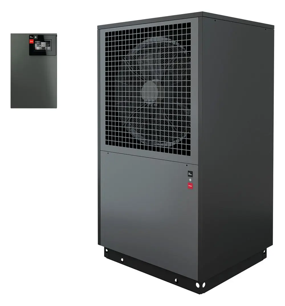 Reversible Wärmepumpe von Dimplex mit großem Lüfter und Metallgehäuse. Auf der Vorderseite befinden sich Steuerungselemente und ein Gitter zur Luftzirkulation.