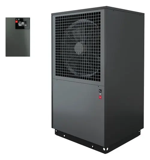 Reversible Wärmepumpe von Dimplex mit großem Lüfter und Metallgehäuse. Auf der Vorderseite befinden sich Steuerungselemente und ein Gitter zur Luftzirkulation.