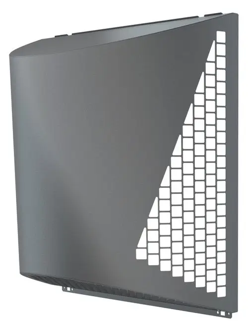 Wetterschutzhaube von Dimplex, graue Oberfläche mit perforiertem Design, geformt zur Abdeckung und zum Schutz von Geräten in Außenbereichen.