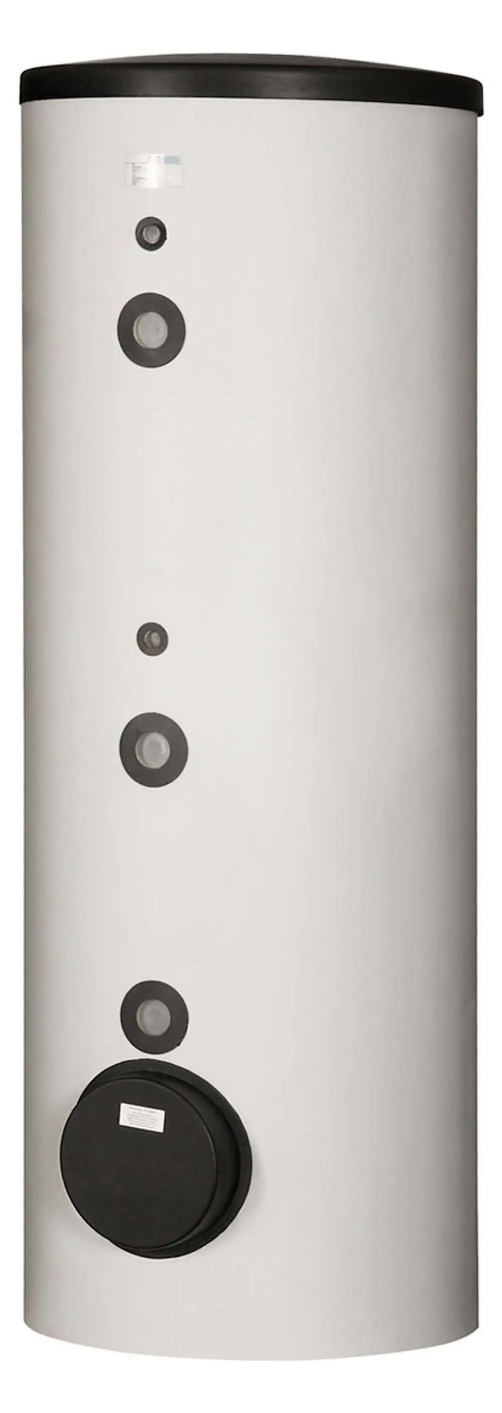 Dimplex Pufferspeicher in zylindrischer Form mit mehreren Anschlüssen auf der Vorderseite, in neutraler Farbgebung.