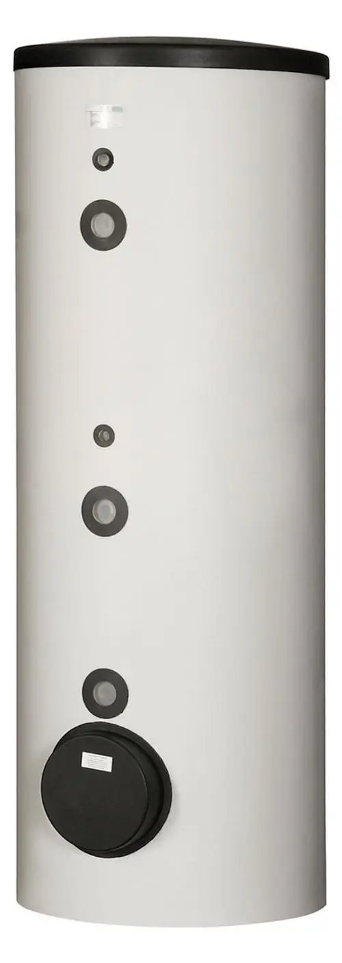Dimplex Pufferspeicher in zylindrischer Form mit mehreren Anschlüssen auf der Vorderseite, in neutraler Farbgebung.