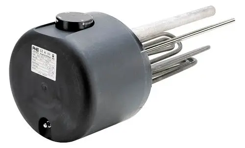 Dimplex Flanschheizung mit mehreren Heizstäben, runder schwarzer Gehäuseoberfläche und einstellbarem Thermostat an der Oberseite.